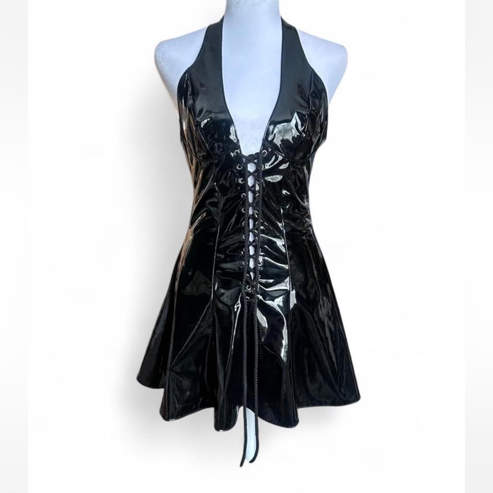 Allure Lingerie patent leather wet look lace up halter mini dress